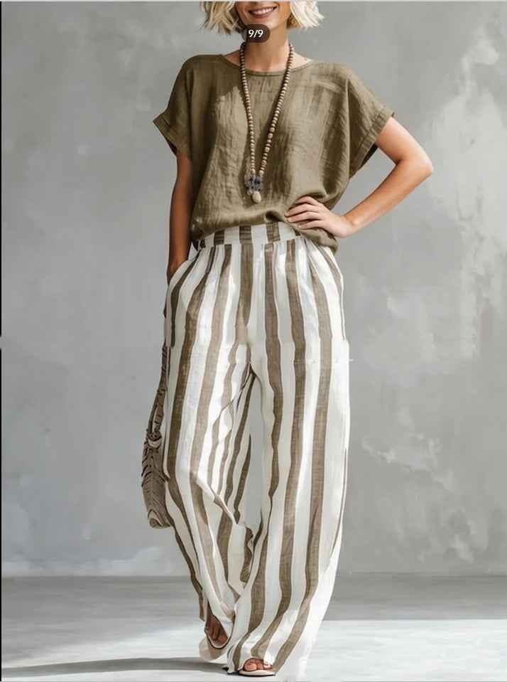 Women's Striped Summer T-Shirt Trouser Set