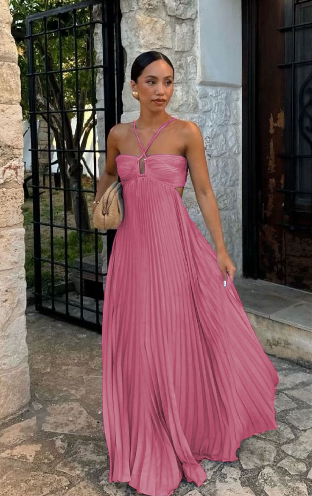 Pleated Sleeveless Halter Dress for Women | Evening Party Style
