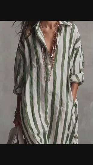 Women's Striped Print Summer Split-Collar Dress