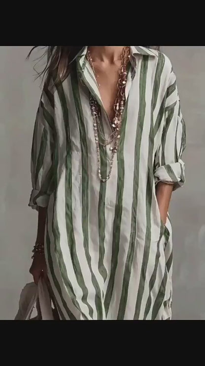 Women's Striped Print Summer Split-Collar Dress